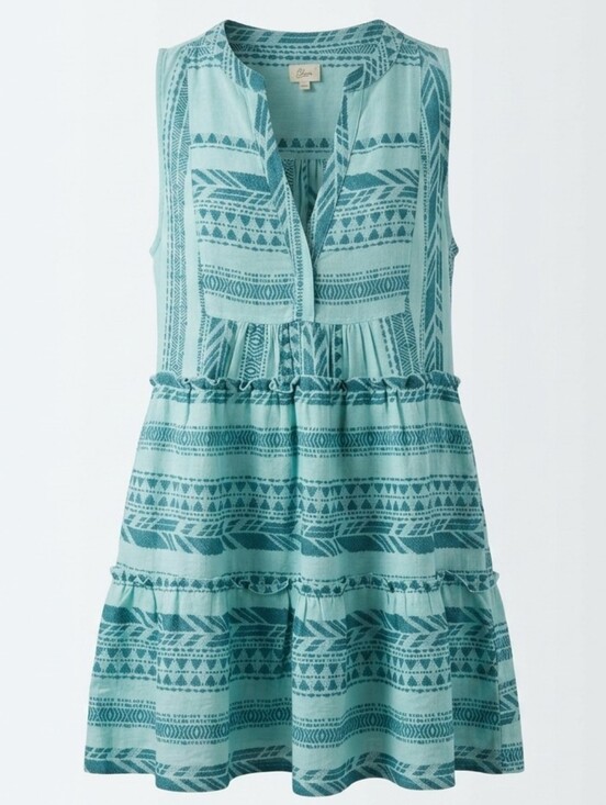 Elan Dresses & Skirts - ​Elan Aztec Sleeveless Tiered Cotton Mini Dress Blue Embroidered Geometric Sz.L